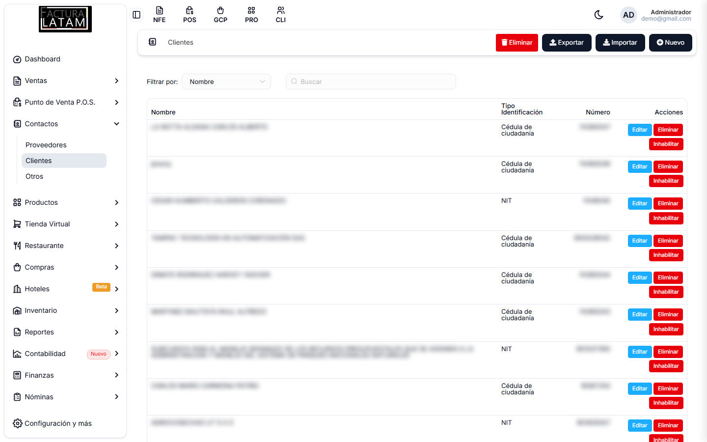Listado de clientes, con su tipo de identificación y las acciones Editar, Eliminar e Inhabilitar