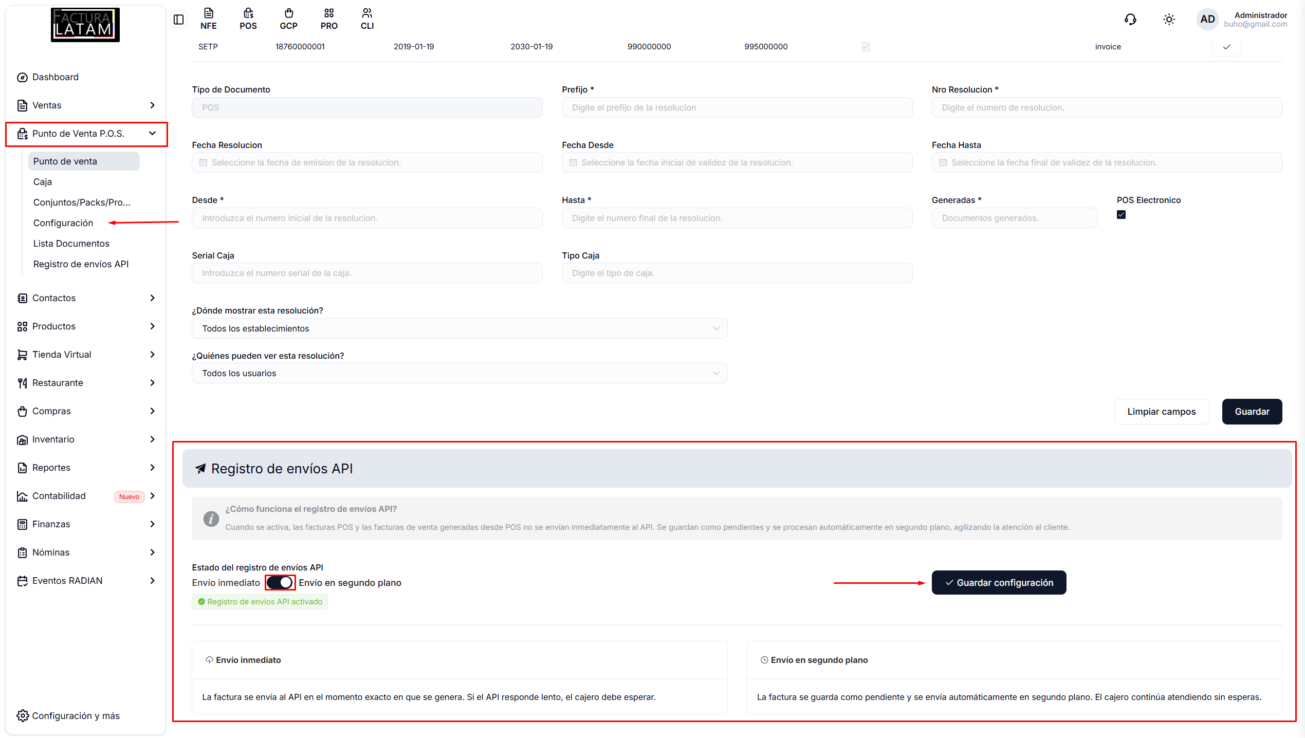 Activar el envío en segundo plano en la configuración del POS