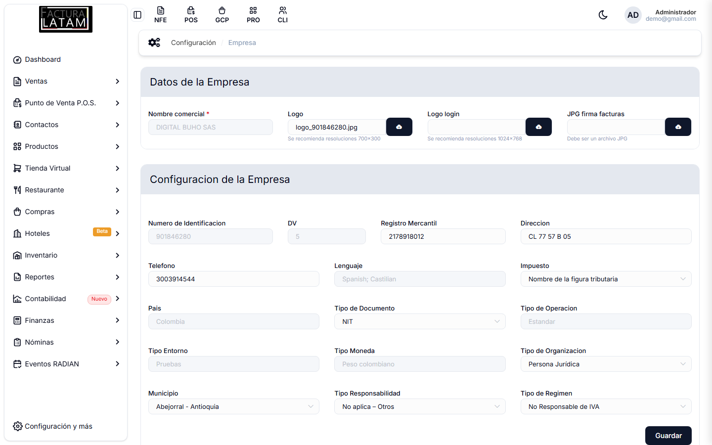 Configuración de la empresa, con los datos comerciales arriba y los tributarios abajo