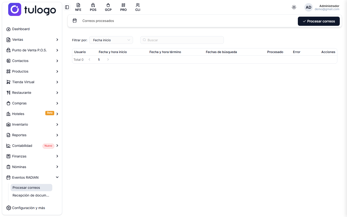 Pantalla de correos procesados, con el historial de cada ejecución