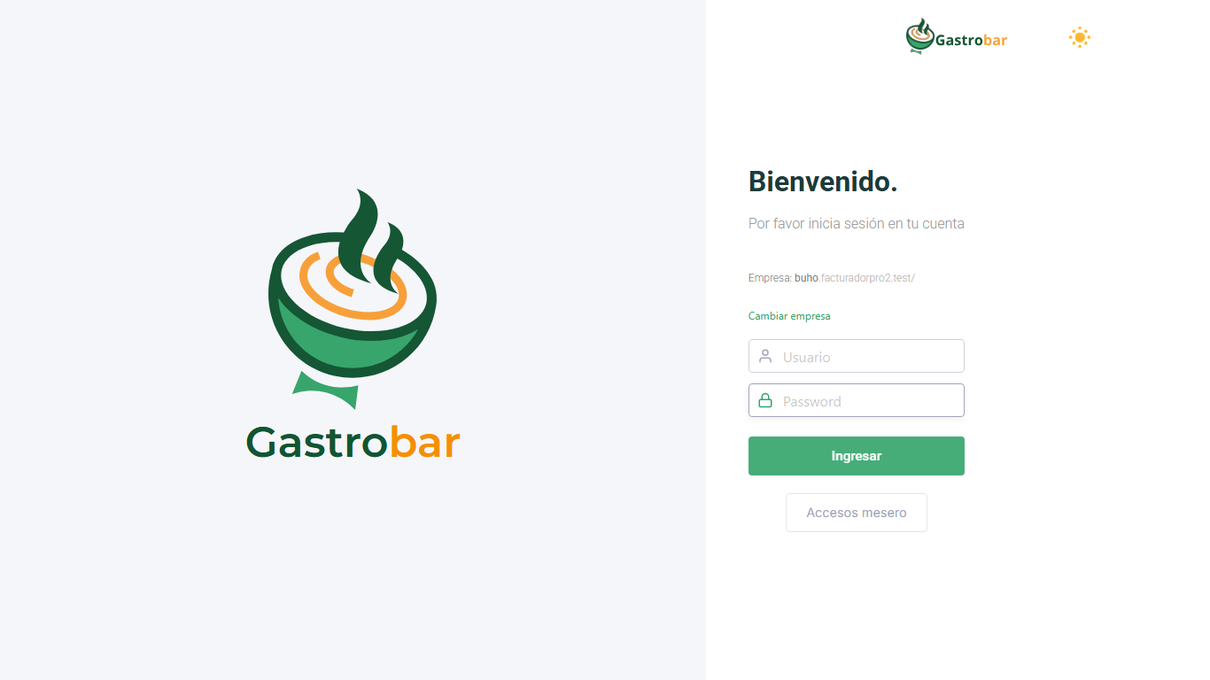 Pantalla de ingreso con la empresa configurada, los campos de usuario y contraseña, y el botón Accesos mesero