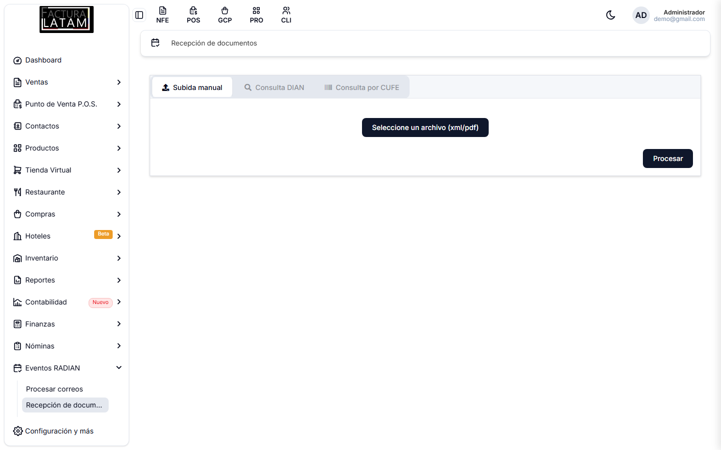 Pantalla de Recepción de documentos, con las pestañas Subida manual, Consulta DIAN y Consulta por CUFE