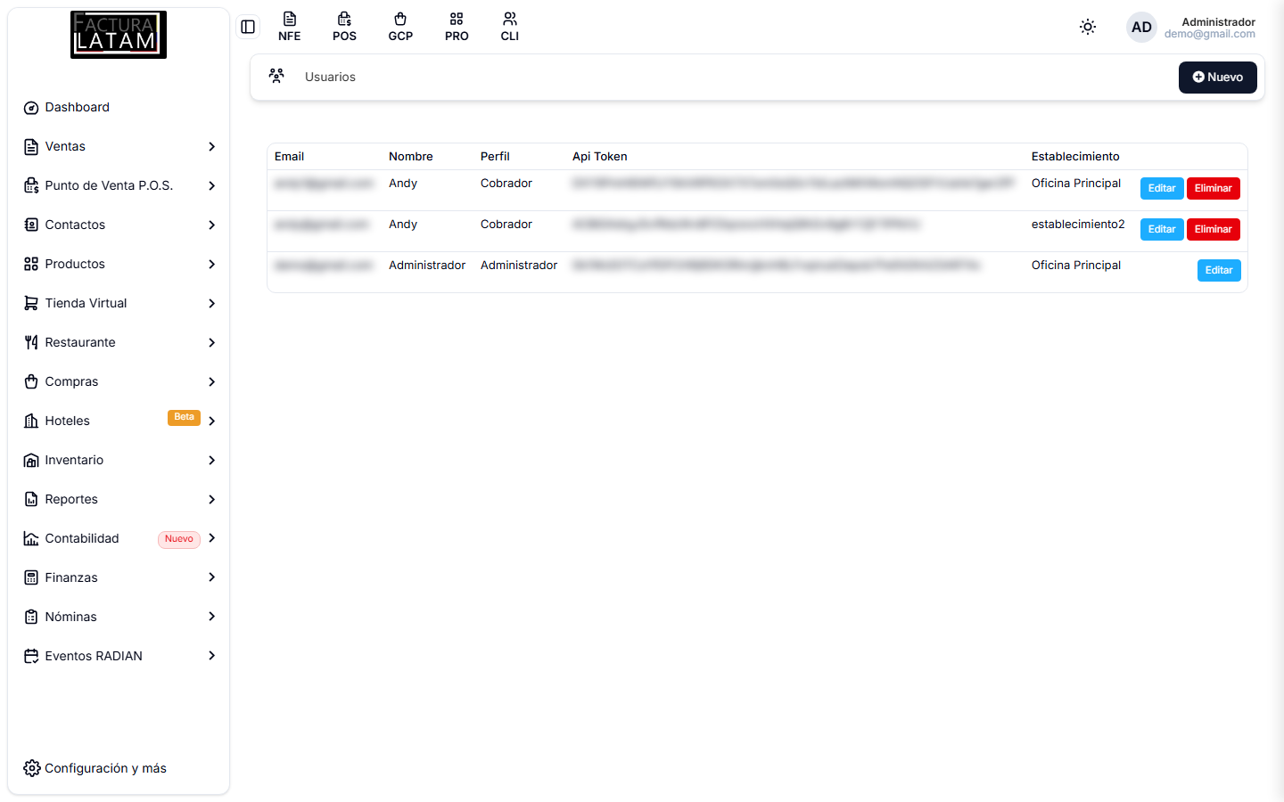 Listado de usuarios, con su perfil, su token de API y el establecimiento asignado