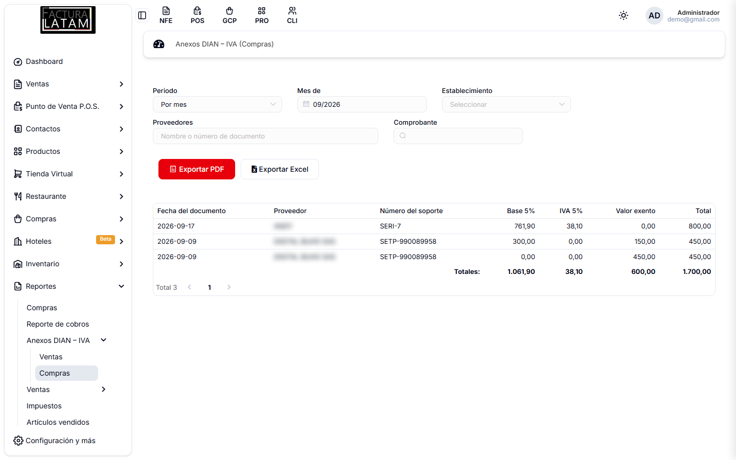 Anexo DIAN IVA de compras, con la base gravable y el IVA de cada documento