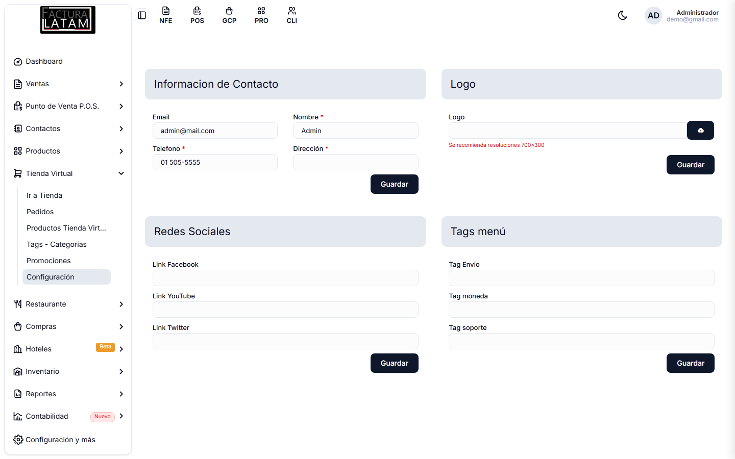 Configuración de la tienda virtual, con los cuatro bloques: contacto, logo, redes sociales y tags de menú