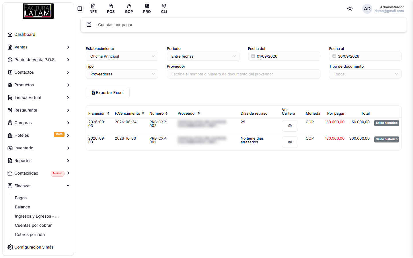 Pantalla de Cuentas por pagar, con los días de retraso y el saldo por pagar de cada compra