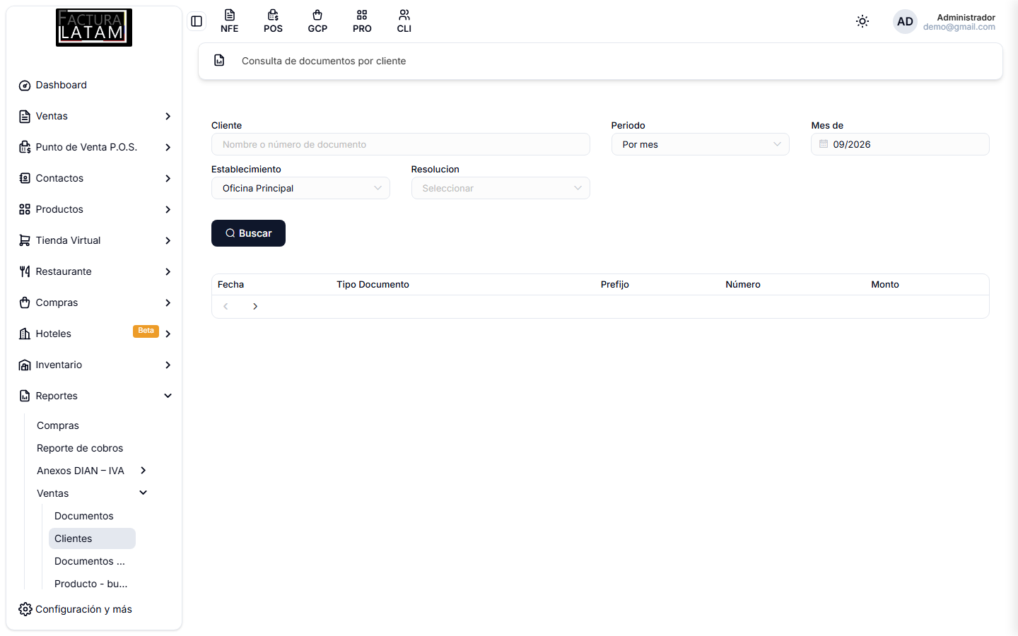 Consulta de documentos por cliente, con el campo de cliente arriba