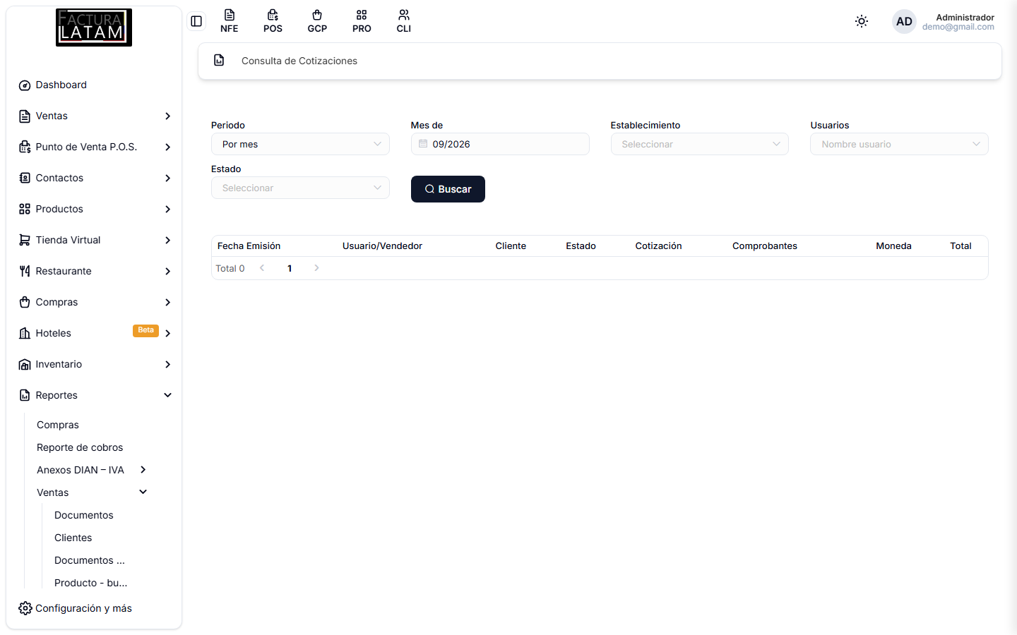 Reporte de cotizaciones, con sus filtros por periodo, cliente y estado