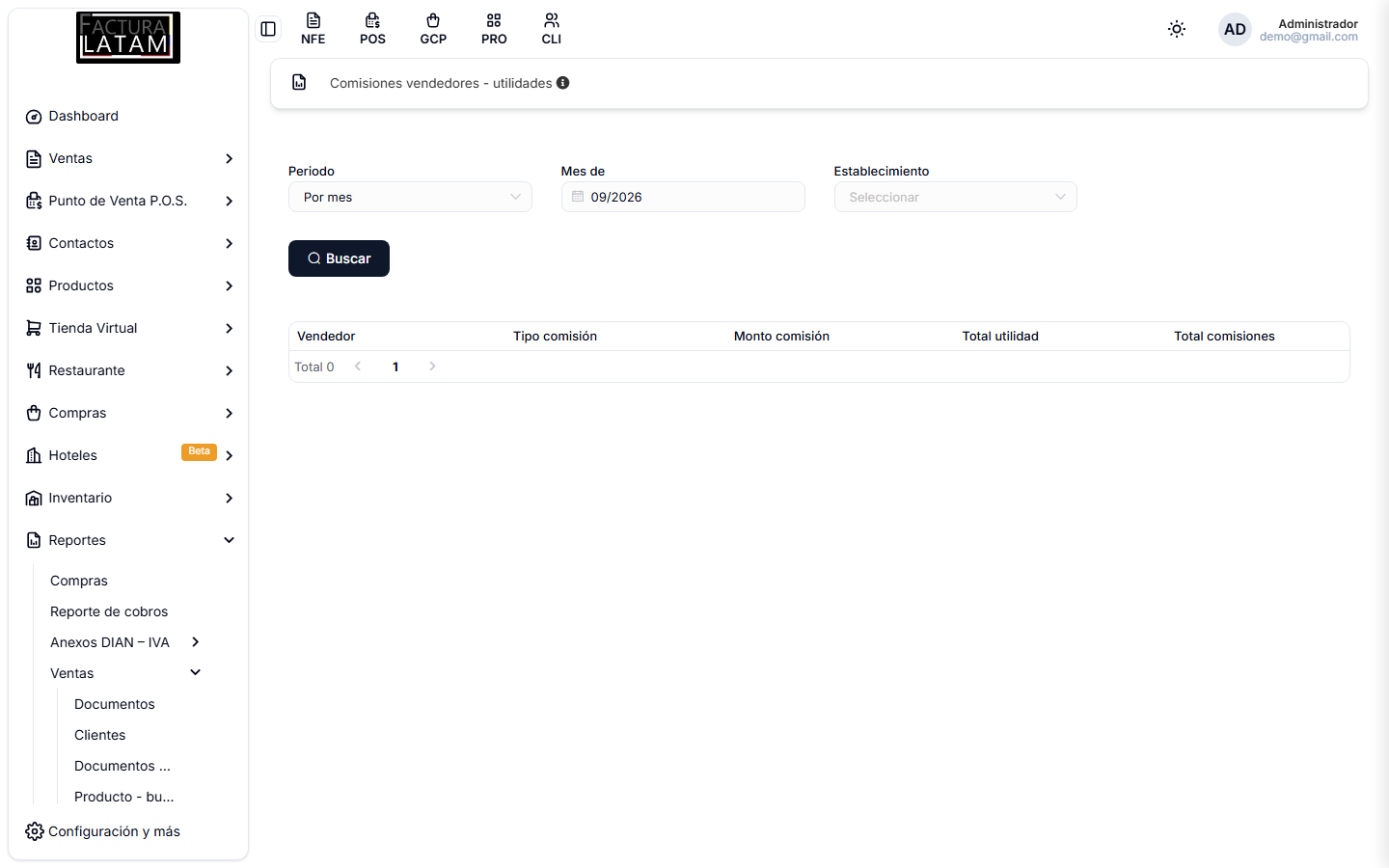 Comisiones vendedores - utilidades, con las columnas de total utilidad y total comisiones
