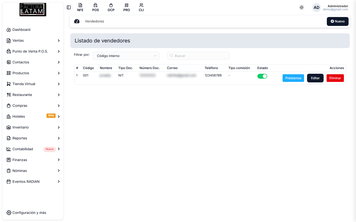 Listado de vendedores con el interruptor de estado y los botones Préstamos, Editar y Eliminar