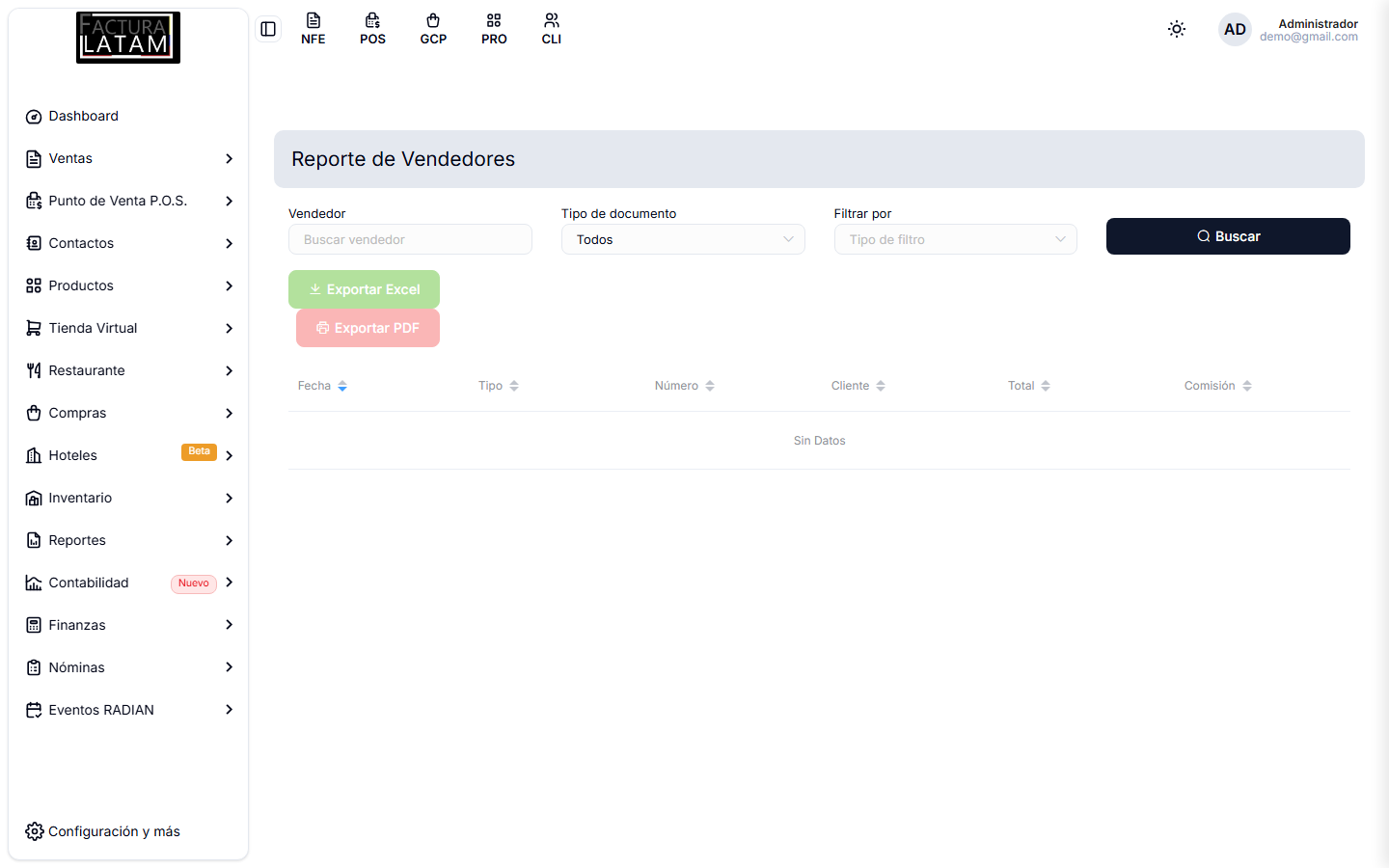 Reporte de Vendedores, con las columnas Total y Comisión ordenables