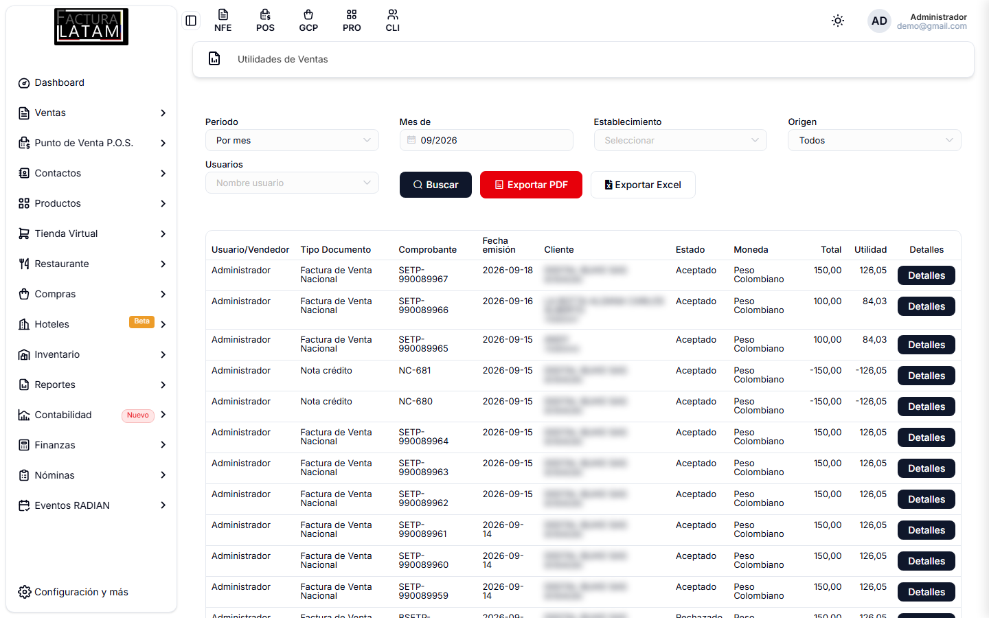 Utilidades de Ventas, con la columna Total y la columna Utilidad de cada documento